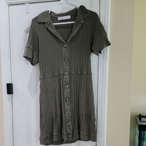 Free People Green Ribbed Mini Dress with Notched Collar